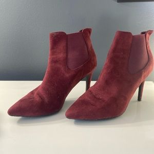 Cranberry suede elastic slip on heeled boots